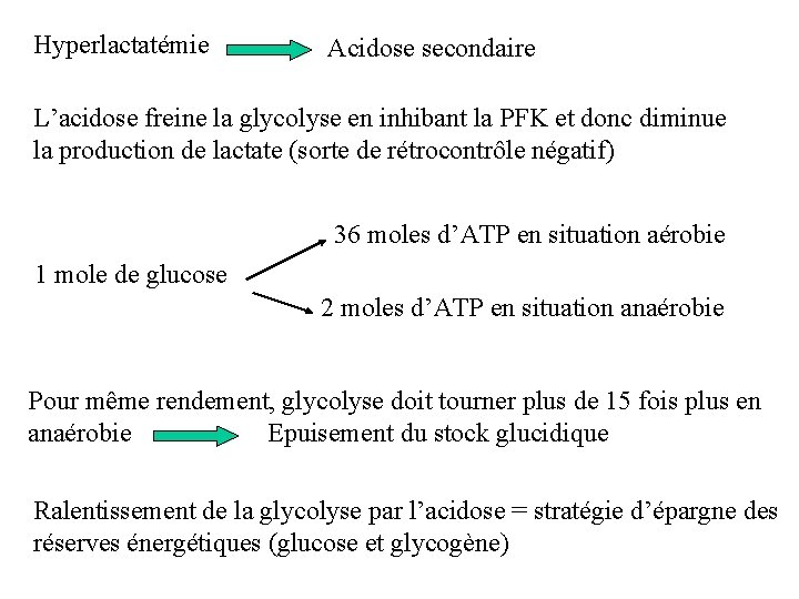 Hyperlactatémie Acidose secondaire L’acidose freine la glycolyse en inhibant la PFK et donc diminue