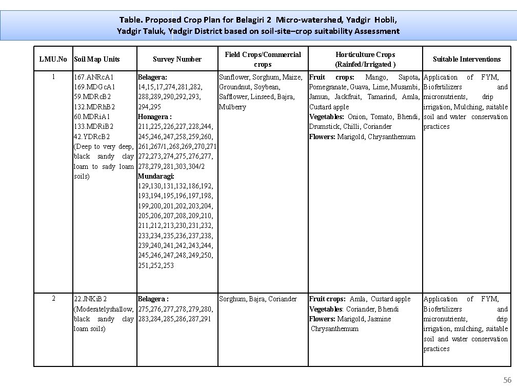 Table. Proposed Crop Plan for Belagiri 2 Micro-watershed, Yadgir Hobli, Yadgir Taluk, Yadgir District