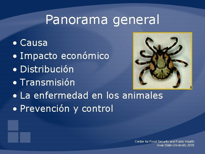 Panorama general • Causa • Impacto económico • Distribución • Transmisión • La enfermedad