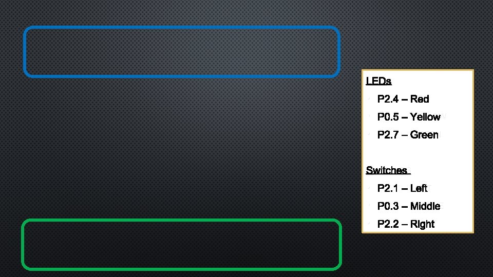 LEDS • P 2. 4 – RED • P 0. 5 – YELLOW •