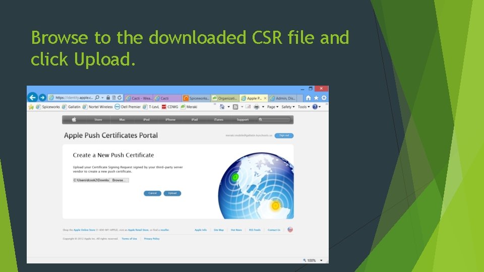 Browse to the downloaded CSR file and click Upload. 