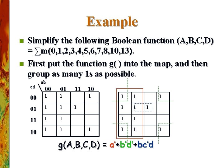 Example n n Simplify the following Boolean function (A, B, C, D) = ∑m(0,
