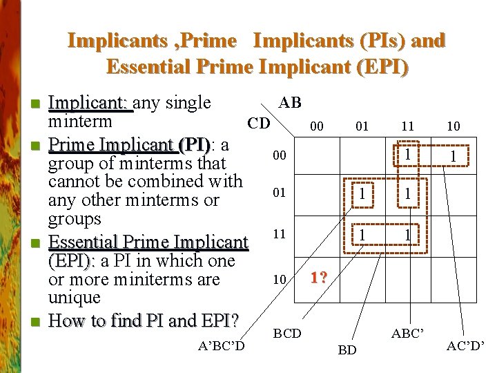 Implicants , Prime Implicants (PIs) and Essential Prime Implicant (EPI) n n AB Implicant: