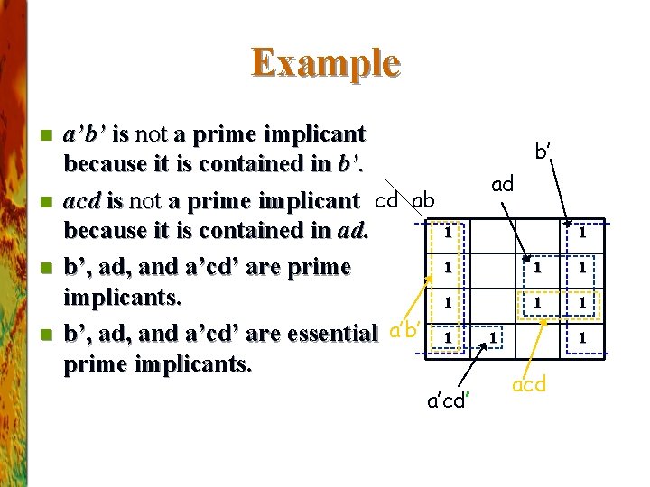Example n n a’b’ is not a prime implicant because it is contained in