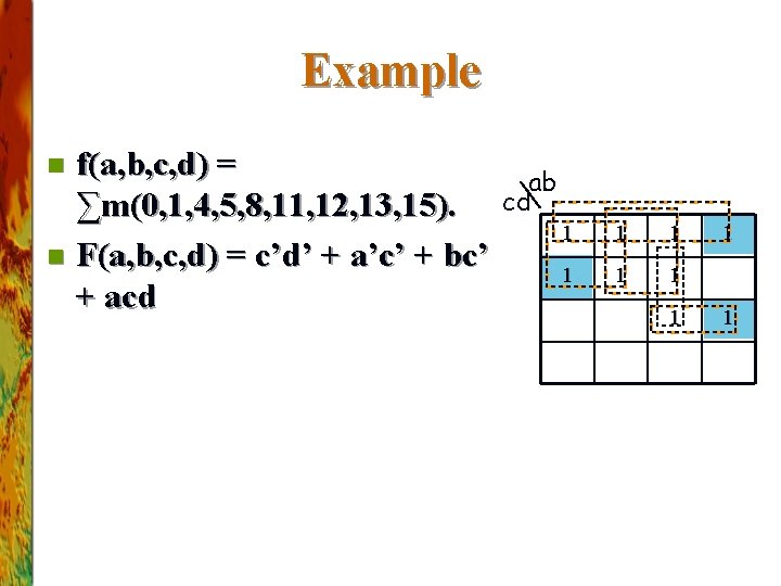 Example f(a, b, c, d) = ∑m(0, 1, 4, 5, 8, 11, 12, 13,