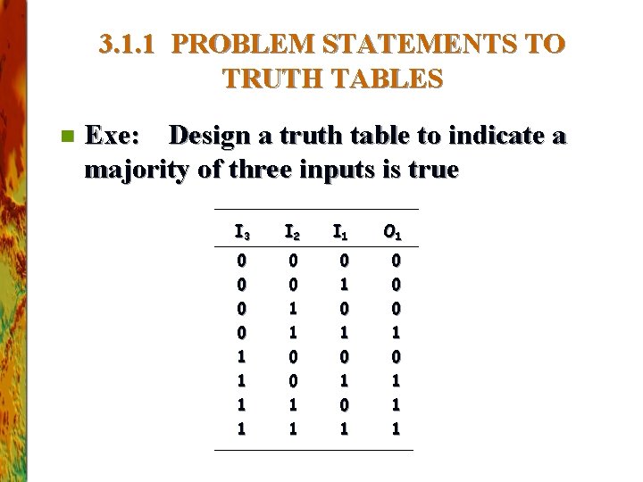 3. 1. 1 PROBLEM STATEMENTS TO TRUTH TABLES n Exe: Design a truth table