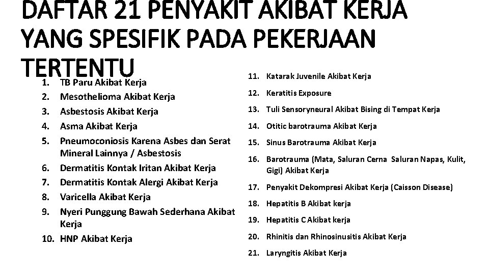 DAFTAR 21 PENYAKIT AKIBAT KERJA YANG SPESIFIK PADA PEKERJAAN TERTENTU 1. 2. 3. 4.