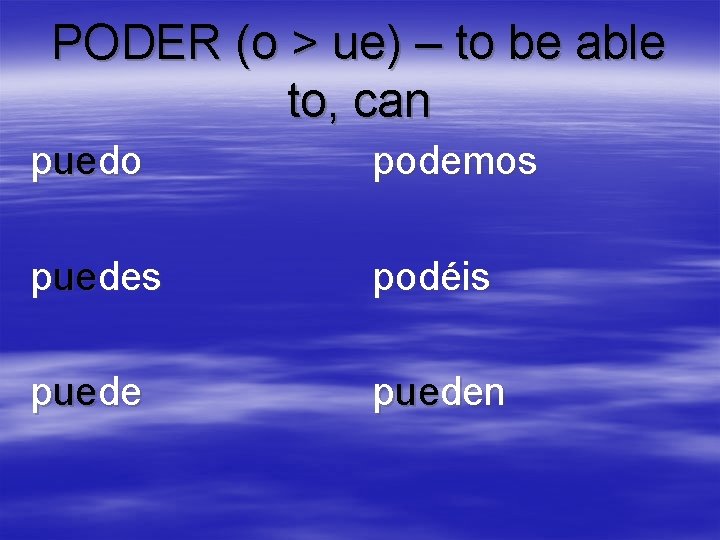 PODER (o > ue) – to be able to, can puedo podemos puedes podéis