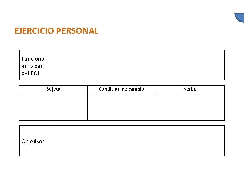EJERCICIO PERSONAL Función o actividad del POI: Sujeto Objetivo: Condición de cambio Verbo 