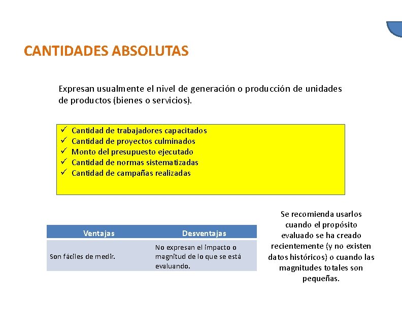 CANTIDADES ABSOLUTAS Expresan usualmente el nivel de generación o producción de unidades de productos