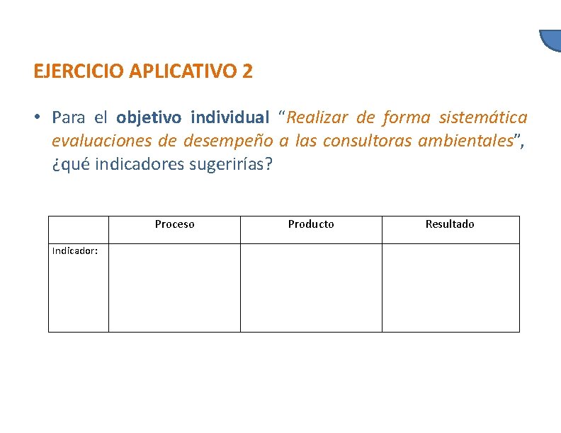 EJERCICIO APLICATIVO 2 • Para el objetivo individual “Realizar de forma sistemática evaluaciones de