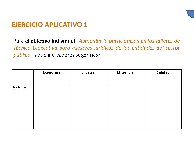 EJERCICIO APLICATIVO 1 Para el objetivo individual “Aumentar la participación en los talleres de