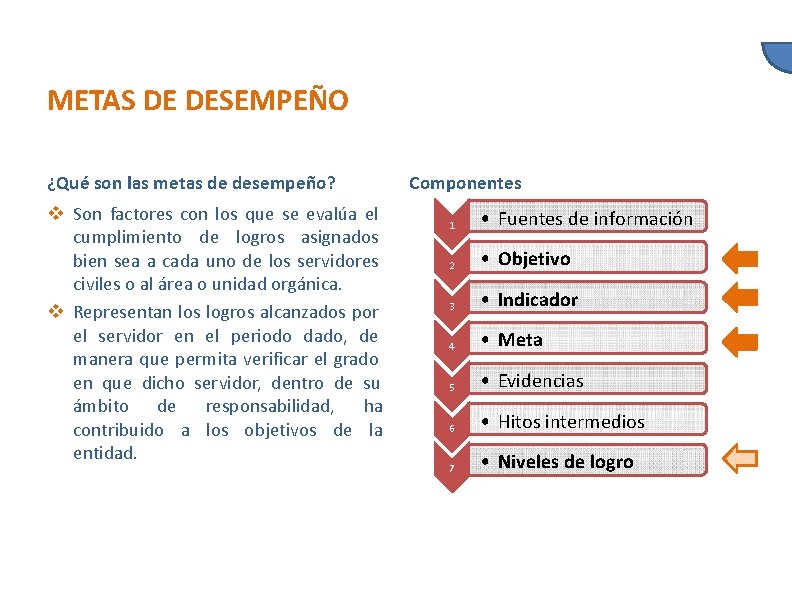 METAS DE DESEMPEÑO ¿Qué son las metas de desempeño? Son factores con los que