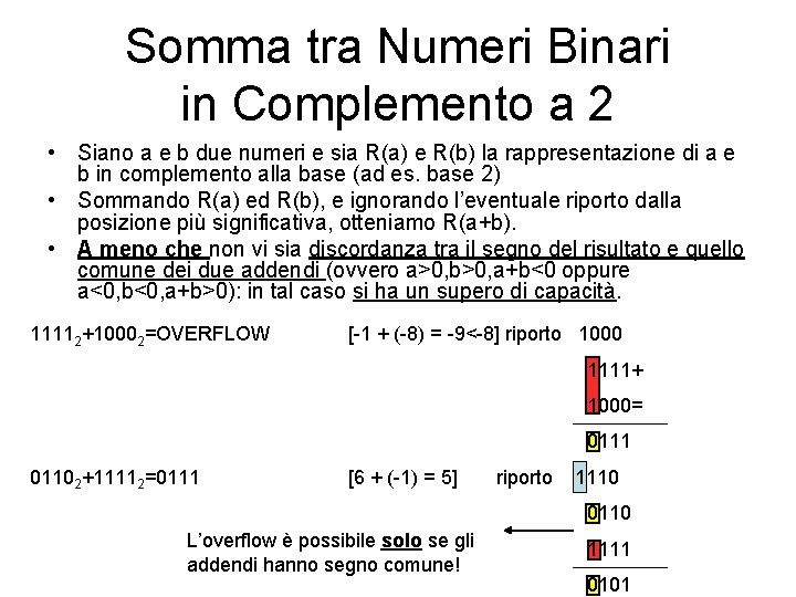 Somma tra Numeri Binari in Complemento a 2 • Siano a e b due