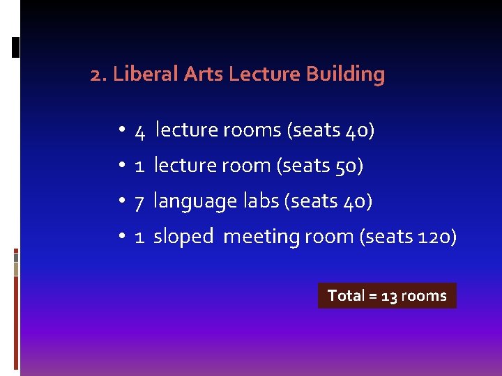 2. Liberal Arts Lecture Building • 4 lecture rooms (seats 40) • 1 lecture