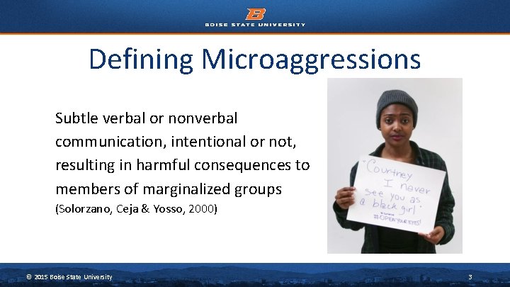 Defining Microaggressions Subtle verbal or nonverbal communication, intentional or not, resulting in harmful consequences