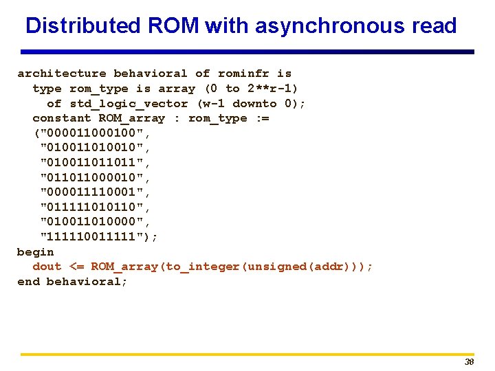 Distributed ROM with asynchronous read architecture behavioral of rominfr is type rom_type is array