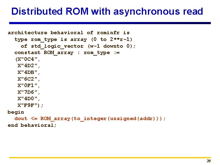 Distributed ROM with asynchronous read architecture behavioral of rominfr is type rom_type is array