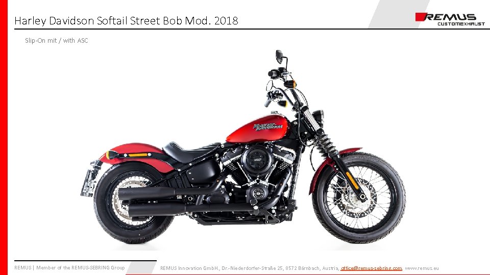 Harley Davidson Softail Street Bob Mod. 2018 Slip-On mit / with ASC REMUS |