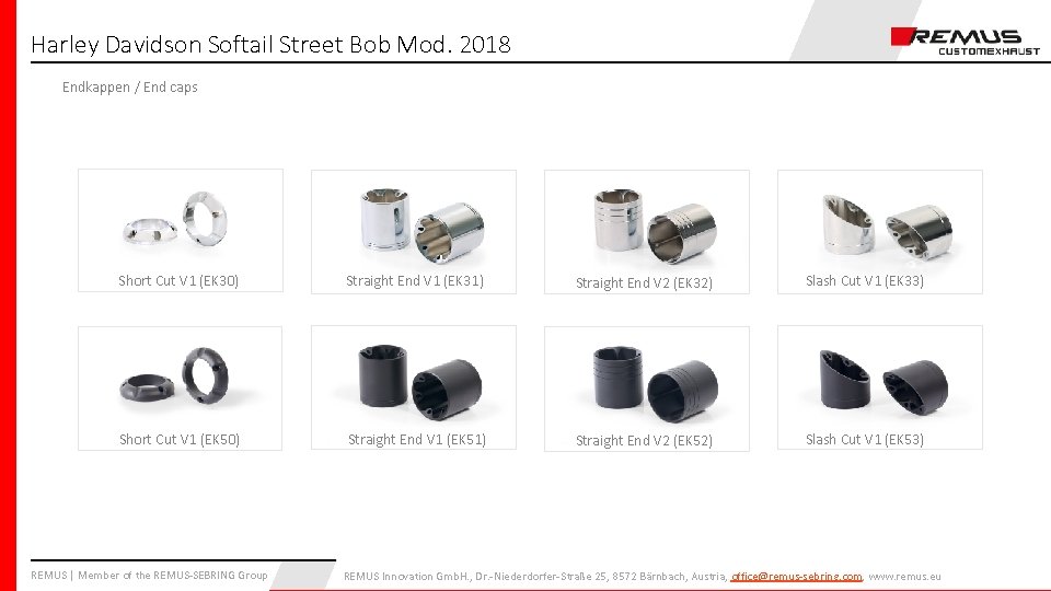 Harley Davidson Softail Street Bob Mod. 2018 Endkappen / End caps Short Cut V