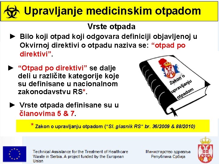 Upravljanje medicinskim otpadom Vrste otpada ► Bilo koji otpad koji odgovara definiciji objavljenoj u