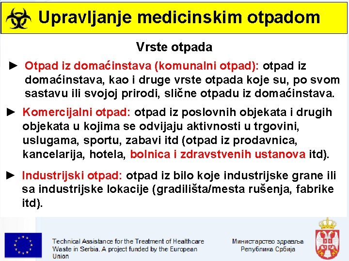 Upravljanje medicinskim otpadom Vrste otpada ► Otpad iz domaćinstava (komunalni otpad): otpad iz domaćinstava,