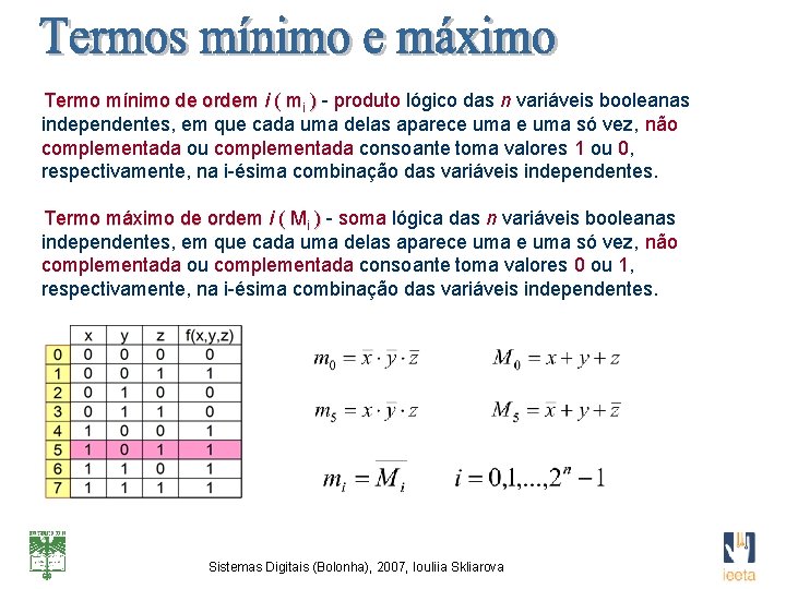 Termo mínimo de ordem i ( mi ) - produto lógico das n variáveis