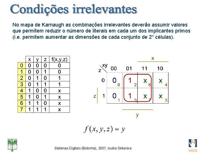 No mapa de Karnaugh as combinações irrelevantes deverão assumir valores que permitem reduzir o