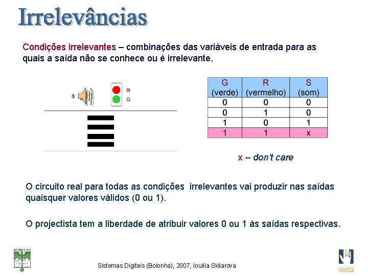 Condições irrelevantes – combinações das variáveis de entrada para as quais a saída não