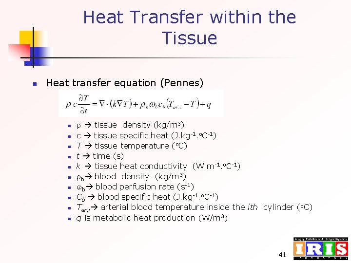 Heat Transfer within the Tissue n Heat transfer equation (Pennes) n n n n