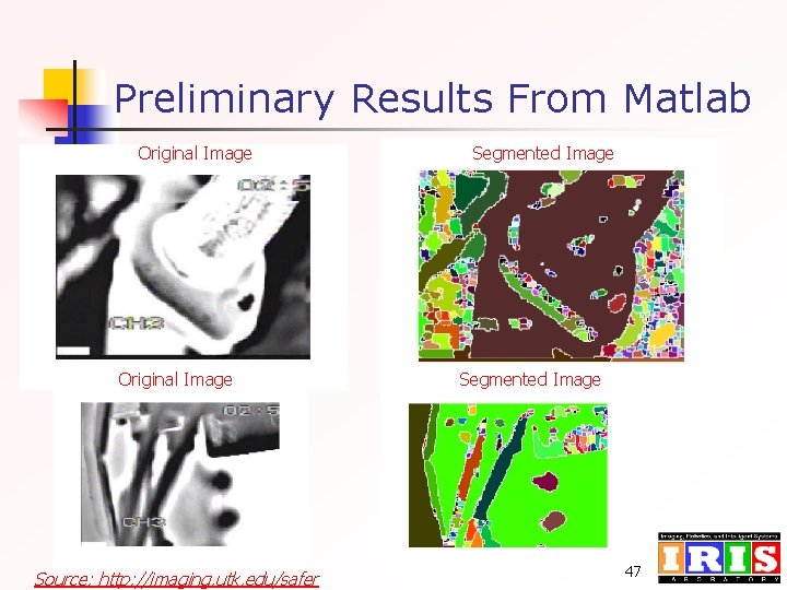 Preliminary Results From Matlab Original Image Source: http: //imaging. utk. edu/safer Segmented Image 47