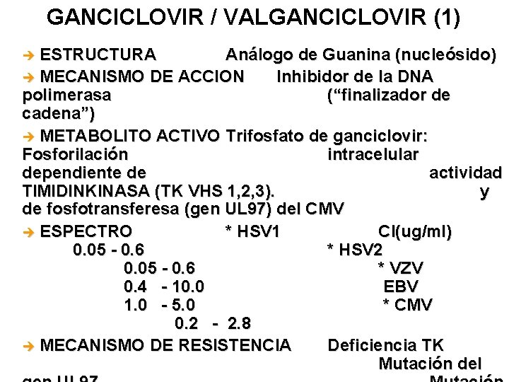 GANCICLOVIR / VALGANCICLOVIR (1) ESTRUCTURA Análogo de Guanina (nucleósido) è MECANISMO DE ACCION Inhibidor