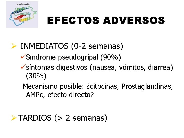 EFECTOS ADVERSOS Ø INMEDIATOS (0 -2 semanas) üSíndrome pseudogripal (90%) üsíntomas digestivos (nausea, vómitos,