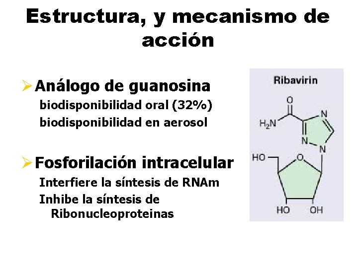 Estructura, y mecanismo de acción Ø Análogo de guanosina biodisponibilidad oral (32%) biodisponibilidad en