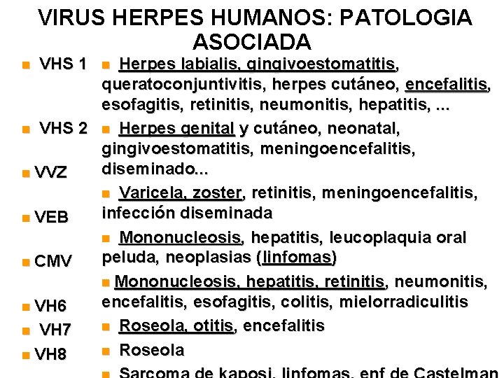 VIRUS HERPES HUMANOS: PATOLOGIA ASOCIADA Herpes labialis, gingivoestomatitis, queratoconjuntivitis, herpes cutáneo, encefalitis, esofagitis, retinitis,