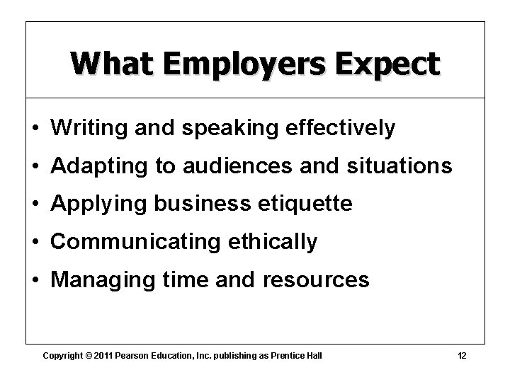 What Employers Expect • Writing and speaking effectively • Adapting to audiences and situations