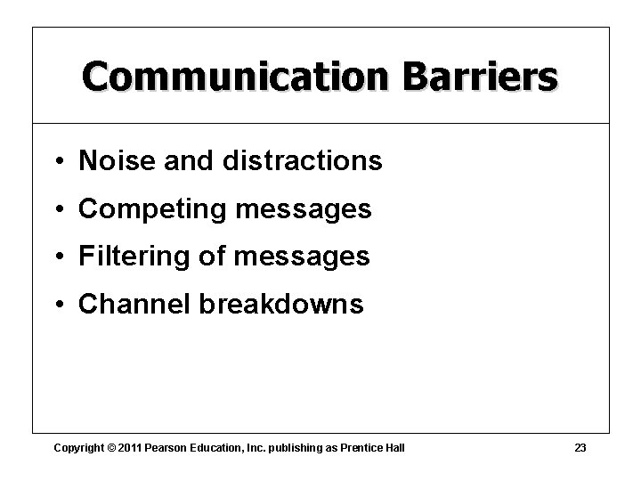 Communication Barriers • Noise and distractions • Competing messages • Filtering of messages •