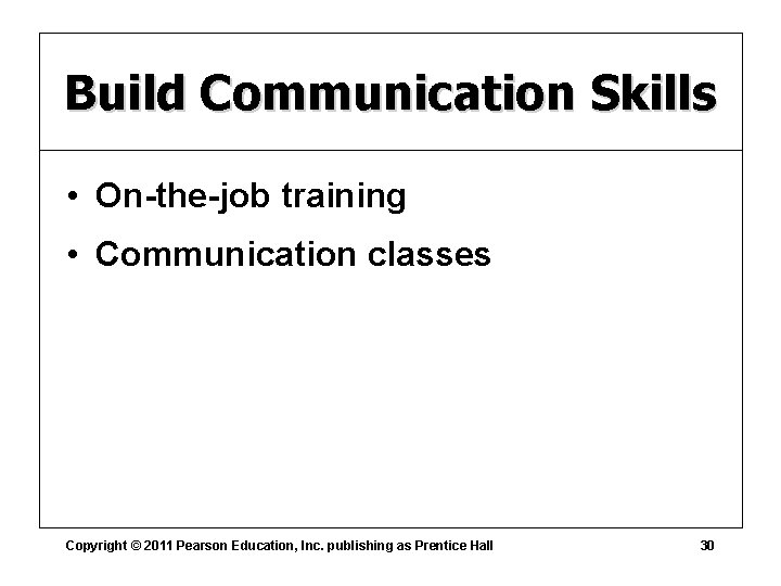 Build Communication Skills • On-the-job training • Communication classes Copyright © 2011 Pearson Education,