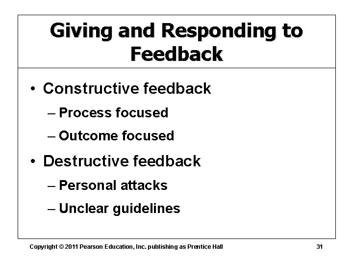 Giving and Responding to Feedback • Constructive feedback – Process focused – Outcome focused