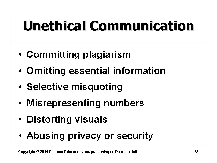 Unethical Communication • Committing plagiarism • Omitting essential information • Selective misquoting • Misrepresenting