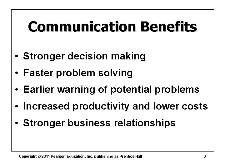 Communication Benefits • Stronger decision making • Faster problem solving • Earlier warning of