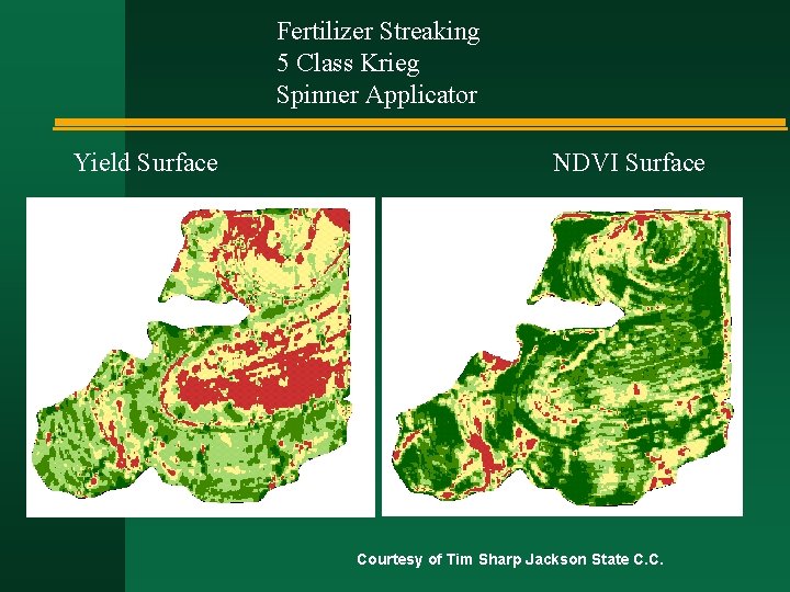 Fertilizer Streaking 5 Class Krieg Spinner Applicator Yield Surface NDVI Surface Courtesy of Tim