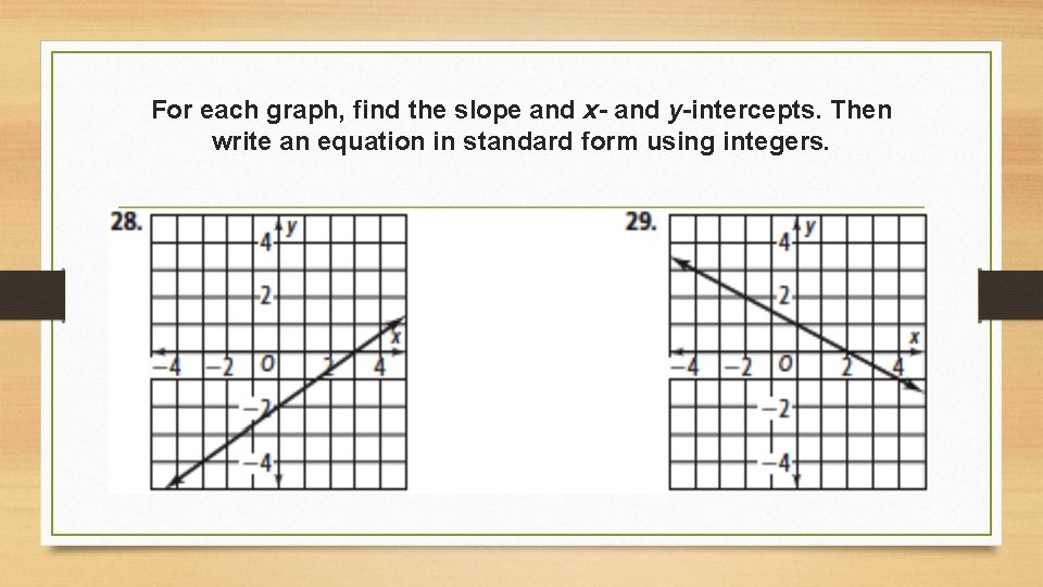 For each graph, find the slope and x- and y-intercepts. Then write an equation