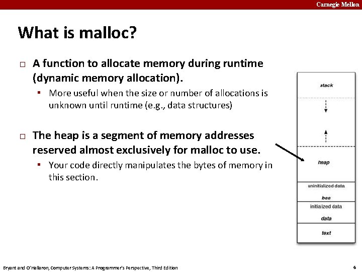 Carnegie Mellon What is malloc? � A function to allocate memory during runtime (dynamic