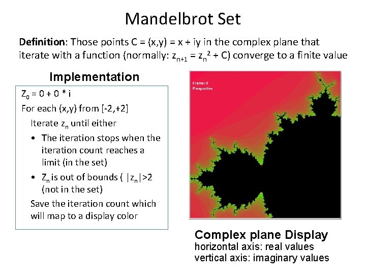 Mandelbrot Set Definition: Those points C = (x, y) = x + iy in
