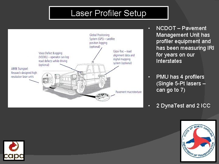 Laser Profiler Setup • NCDOT – Pavement Management Unit has profiler equipment and has