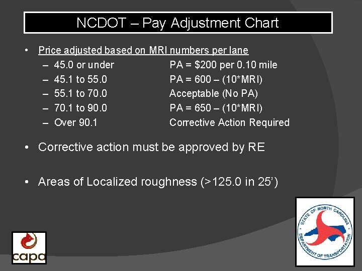 NCDOT – Pay Adjustment Chart • Price adjusted based on MRI numbers per lane