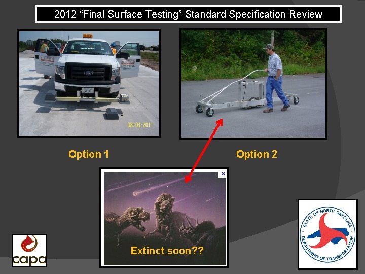 2012 “Final Surface Testing” Standard Specification Review Option 1 Option 2 Extinct soon? ?