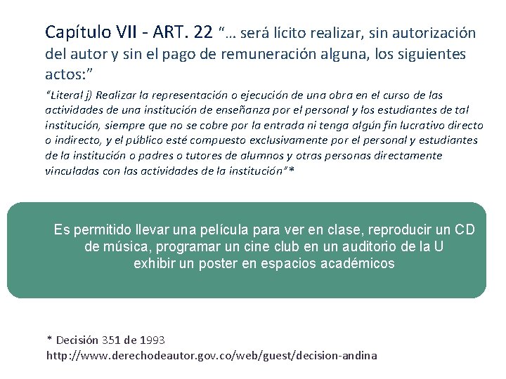 Capítulo VII - ART. 22 “… será lícito realizar, sin autorización del autor y