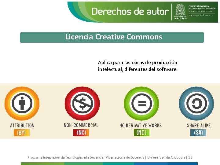 Licencia Creative Commons Aplica para las obras de producción intelectual, diferentes del software. Programa